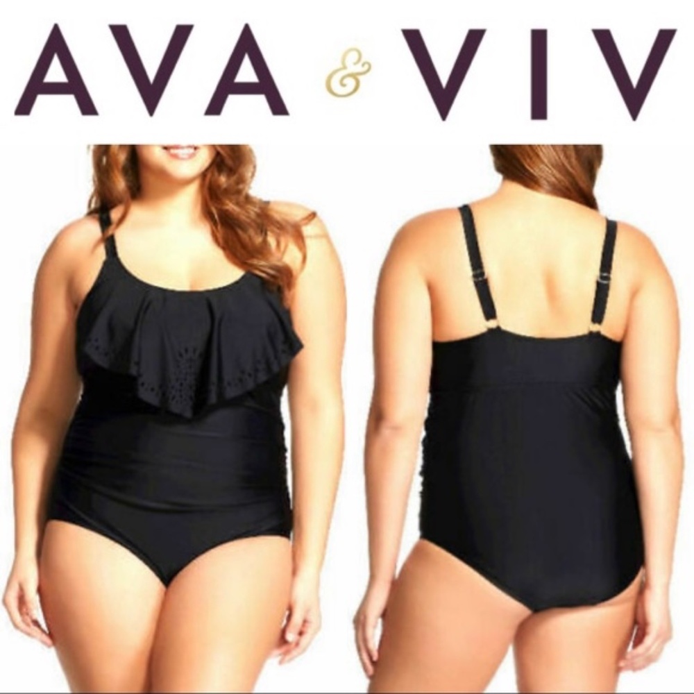 Ava & Viv Women's Black Ruffle Eyelet Pop Over One-Piece Swimsuit Size 14W